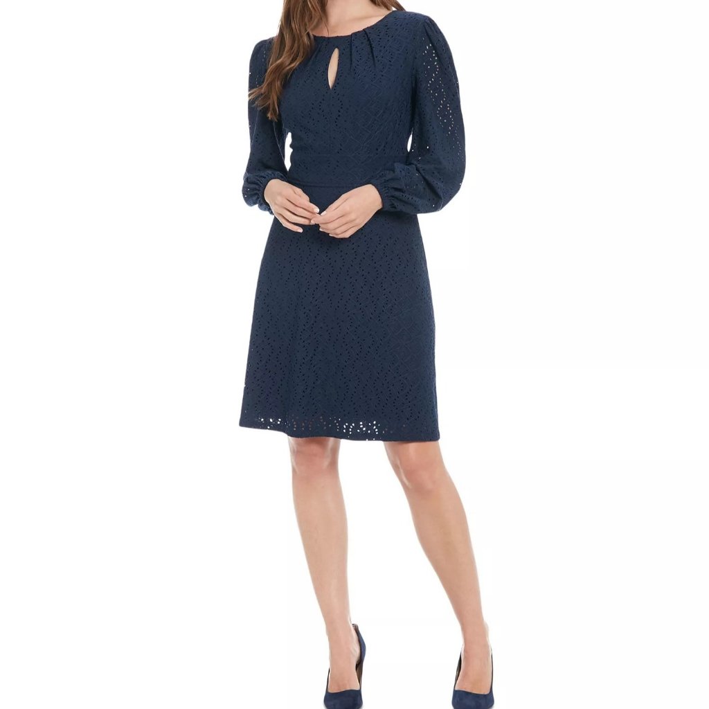 London Times Womens Petite Embroidered Keyhole Mini Dress Navy Size 12p Nwt